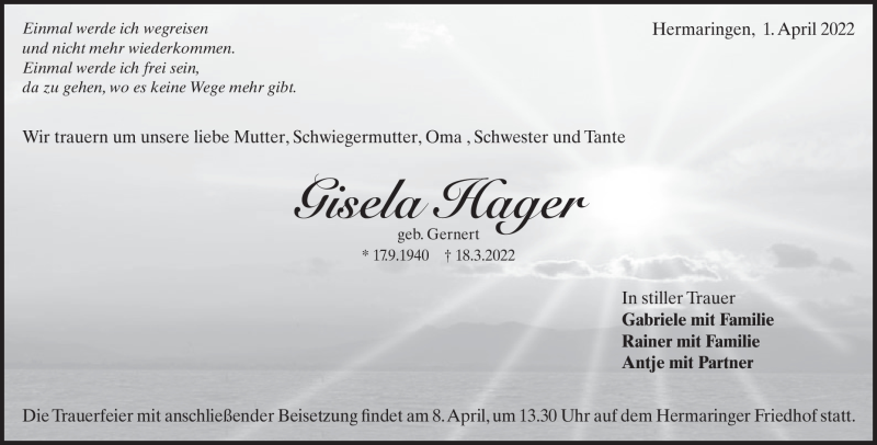  Traueranzeige für Gisela Hager vom 01.04.2022 aus Heidenheimer Zeitung