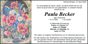 Traueranzeige von Paula Becker von Heidenheimer Zeitung