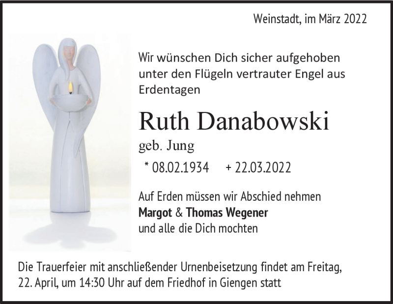  Traueranzeige für Ruth Danabowski vom 19.04.2022 aus Heidenheimer Zeitung