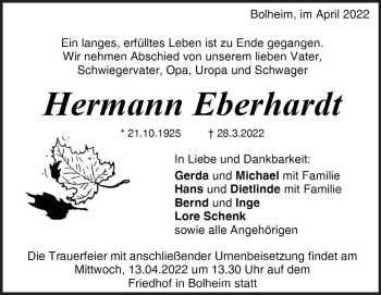 Traueranzeige von Hermann Eberhardt von Heidenheimer Zeitung