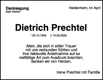 Traueranzeige von Dietrich Prechtel von Heidenheimer Zeitung