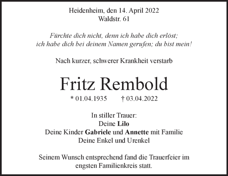  Traueranzeige für Fritz Rembold vom 16.04.2022 aus Heidenheimer Zeitung