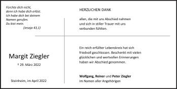 Traueranzeige von Margit Ziegler von Heidenheimer Zeitung