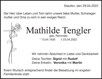 Traueranzeige von Mathilde Tengler von Heidenheimer Zeitung