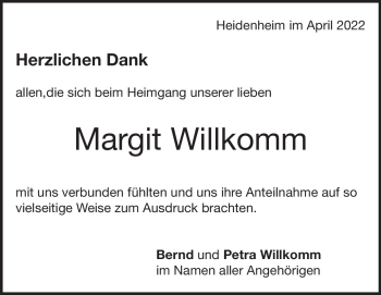 Traueranzeige von Margit Willkomm von Heidenheimer Zeitung