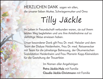 Traueranzeige von Tilly Anna Jäckle von Heidenheimer Zeitung