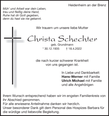 Traueranzeige von Christa Schechter von Heidenheimer Zeitung