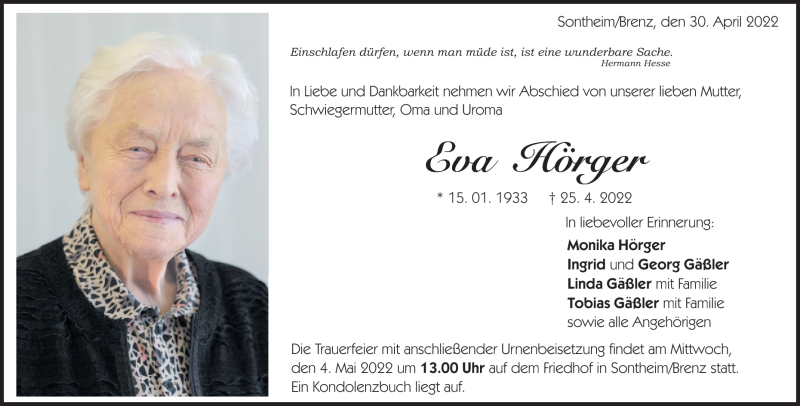  Traueranzeige für Eva Hörger vom 30.04.2022 aus Heidenheimer Zeitung