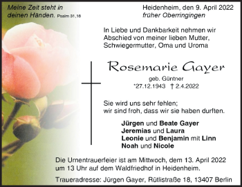 Traueranzeige von Rosemarie Gayer von Heidenheimer Zeitung