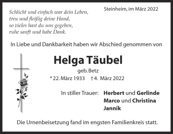 Traueranzeige von Helga Täubel von Heidenheimer Zeitung