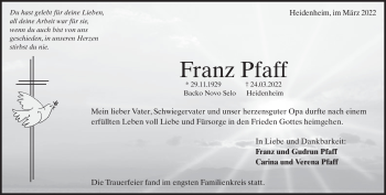 Traueranzeige von Franz Pfaff von Heidenheimer Zeitung