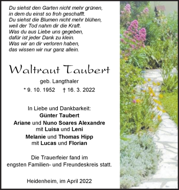 Traueranzeige von Waltraut Taubert von Heidenheimer Zeitung