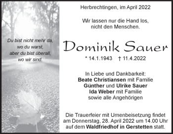 Traueranzeige von Dominik Sauer von Heidenheimer Zeitung