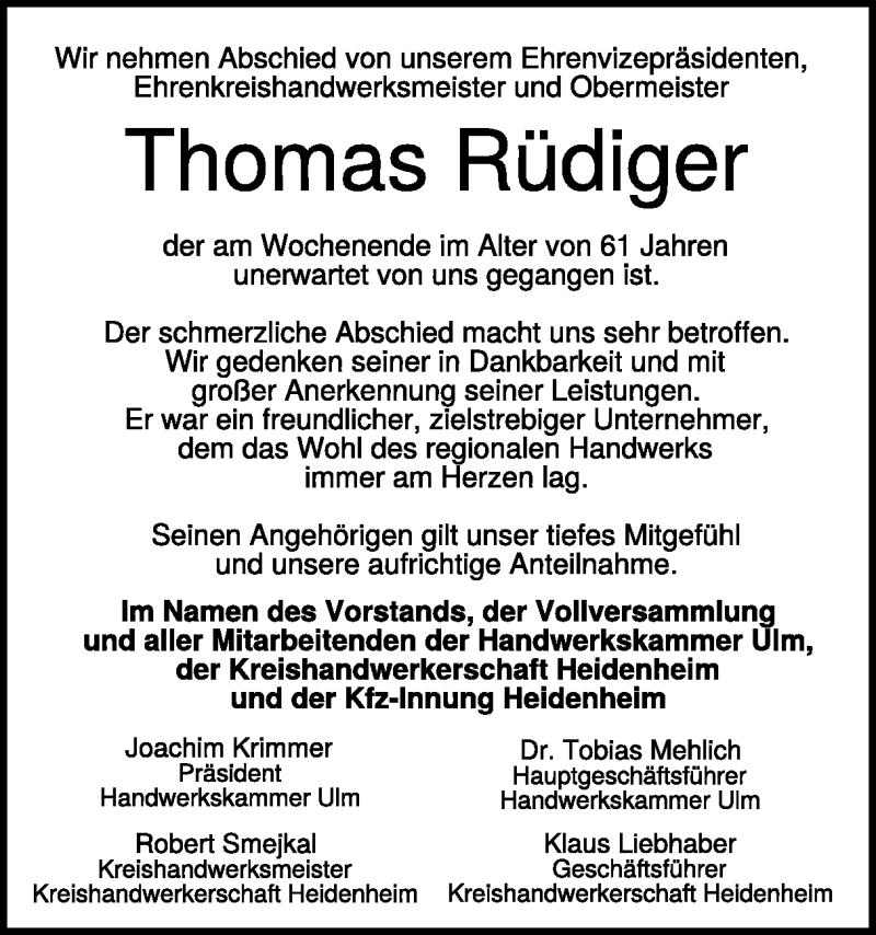  Traueranzeige für Thomas Rüdiger vom 21.04.2022 aus Heidenheimer Zeitung