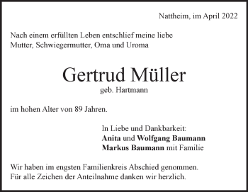 Traueranzeige von Gertrud Müller von Heidenheimer Zeitung