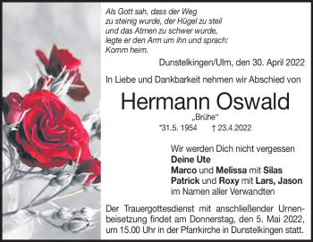 Traueranzeige von Hermann Oswald von Heidenheimer Zeitung