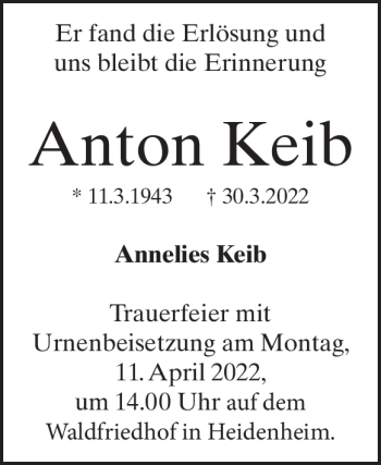 Traueranzeige von Anton Keib von Heidenheimer Zeitung