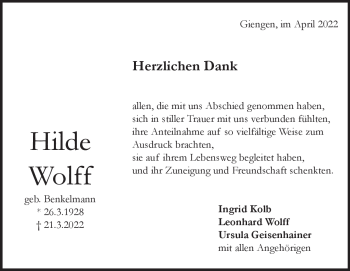 Traueranzeige von Hilde Wolff von Heidenheimer Zeitung