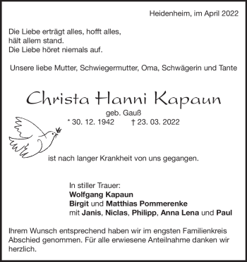 Traueranzeige von Christa Hanni Kapaun von Heidenheimer Zeitung