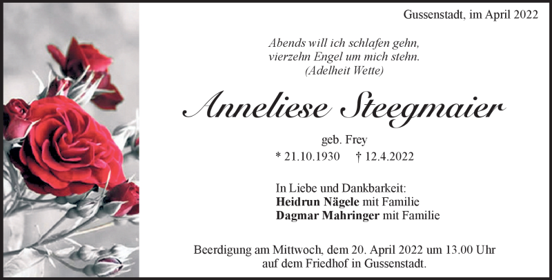  Traueranzeige für Anneliese Steegmaier vom 16.04.2022 aus Heidenheimer Zeitung
