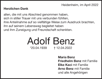 Traueranzeige von Adolf Benz von Heidenheimer Zeitung