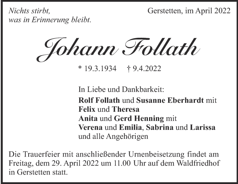  Traueranzeige für Johann Follath vom 26.04.2022 aus Heidenheimer Zeitung