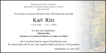 Traueranzeige von Karl Ritz von Heidenheimer Zeitung
