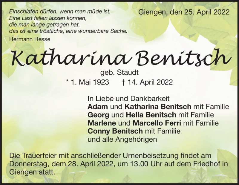  Traueranzeige für Katharina Benitsch vom 25.04.2022 aus Heidenheimer Zeitung