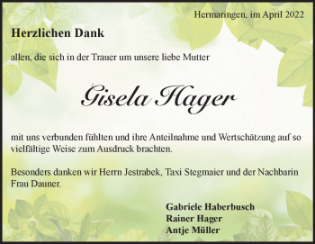 Traueranzeige von Gisela Hager von Heidenheimer Zeitung