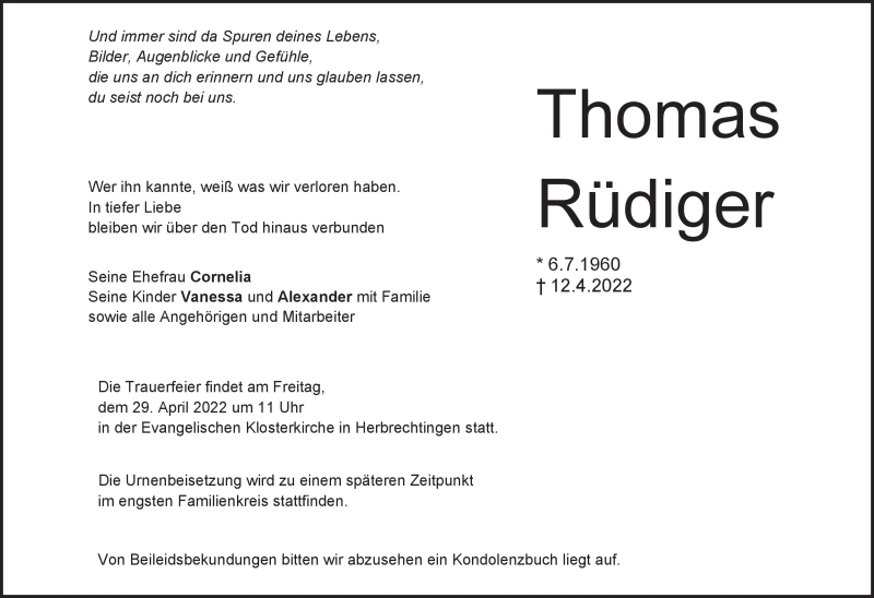  Traueranzeige für Thomas Rüdiger vom 23.04.2022 aus Heidenheimer Zeitung
