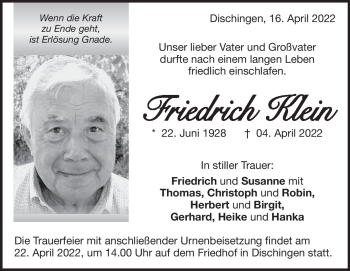 Traueranzeige von Friedrich Klein von Heidenheimer Zeitung