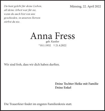Traueranzeige von Anna Fress von Heidenheimer Zeitung