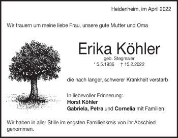 Traueranzeige von Erika Köhler von Heidenheimer Zeitung