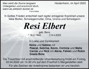 Anzeige Resi Elbert