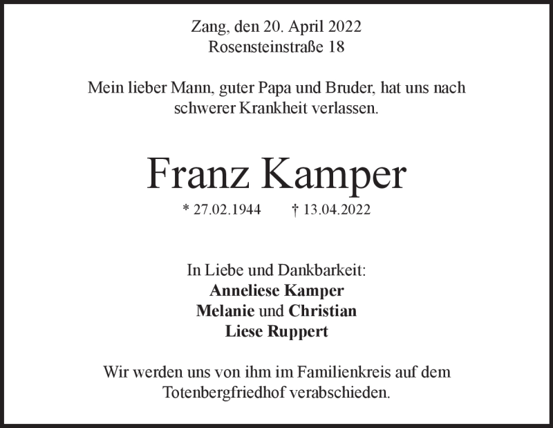  Traueranzeige für Franz Kamper vom 20.04.2022 aus Heidenheimer Zeitung