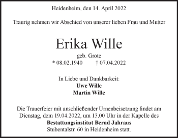 Anzeige Erika Wille