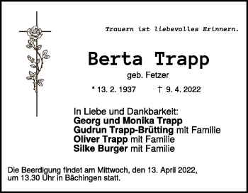 Anzeige Berta Trapp