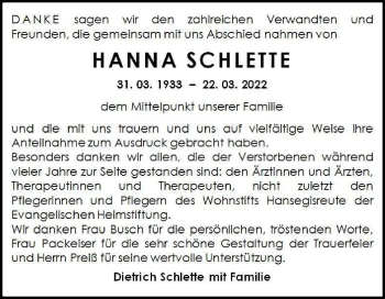 Traueranzeige von Hanna Schlette von Heidenheimer Zeitung