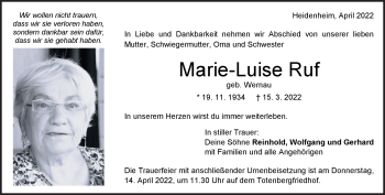 Traueranzeige von Marie-Luise Ruf von Heidenheimer Zeitung
