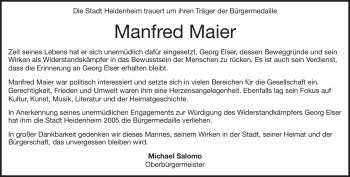 Traueranzeige von Manfred Maier von Heidenheimer Zeitung