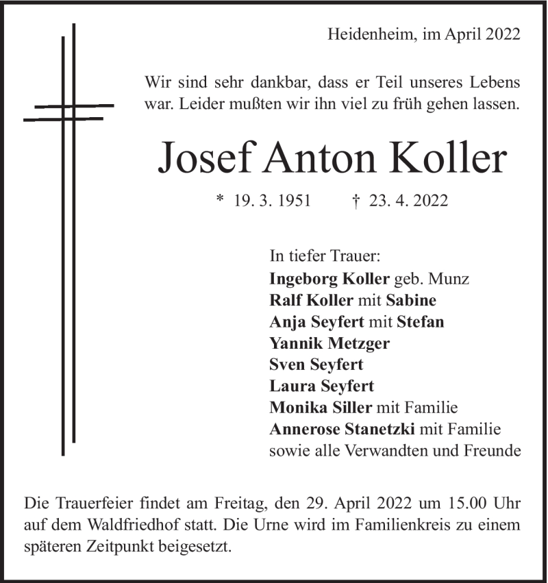  Traueranzeige für Josef Koller vom 26.04.2022 aus Heidenheimer Zeitung