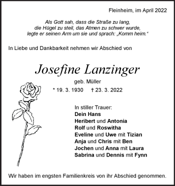Traueranzeige von Josefine Lanzinger von Heidenheimer Zeitung