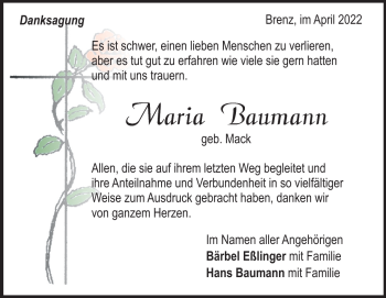 Traueranzeige von Maria Baumann von Heidenheimer Zeitung