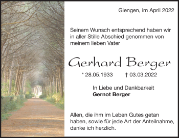 Traueranzeige von Gerhard Berger von Heidenheimer Zeitung