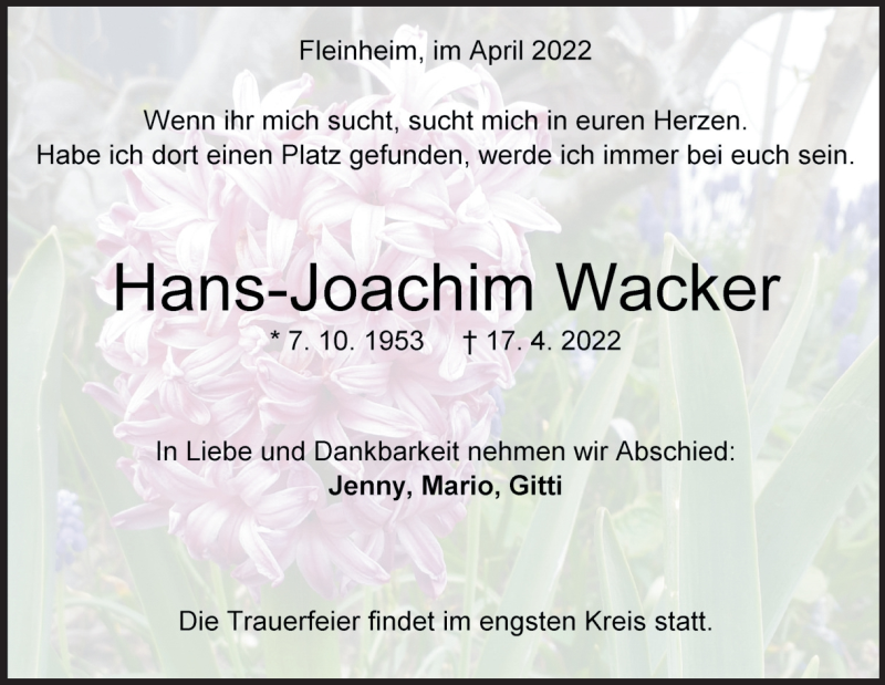  Traueranzeige für Hans-Joachim Wacker vom 23.04.2022 aus Heidenheimer Zeitung
