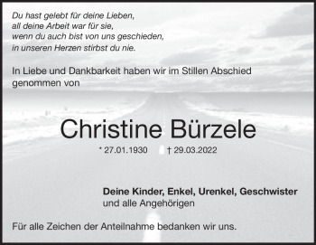 Traueranzeige von Christine Bürzele von Heidenheimer Zeitung