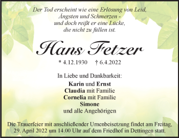 Traueranzeige von Hans Fetzer von Heidenheimer Zeitung