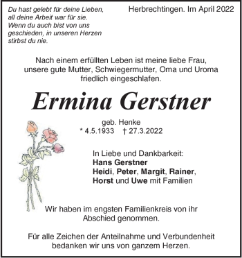 Traueranzeige von Ermina Gerstner von Heidenheimer Zeitung