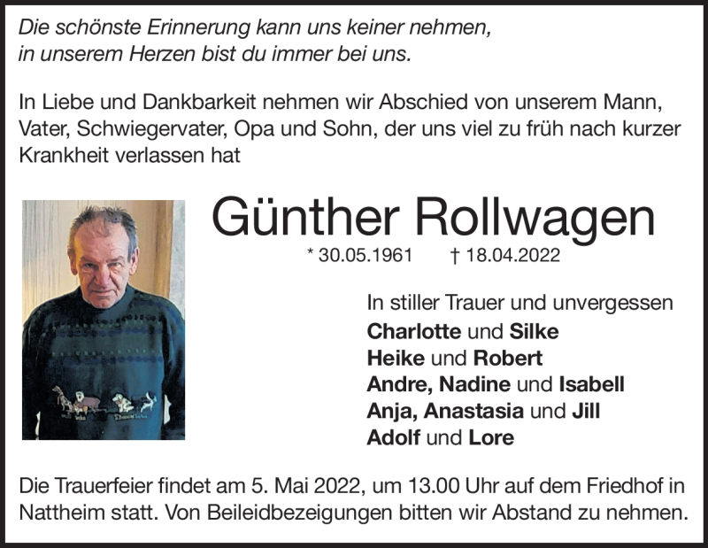  Traueranzeige für Günther Rollwagen vom 30.04.2022 aus Heidenheimer Zeitung