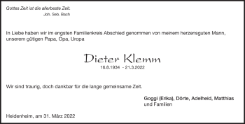 Traueranzeige von Dieter Klemm von Heidenheimer Zeitung